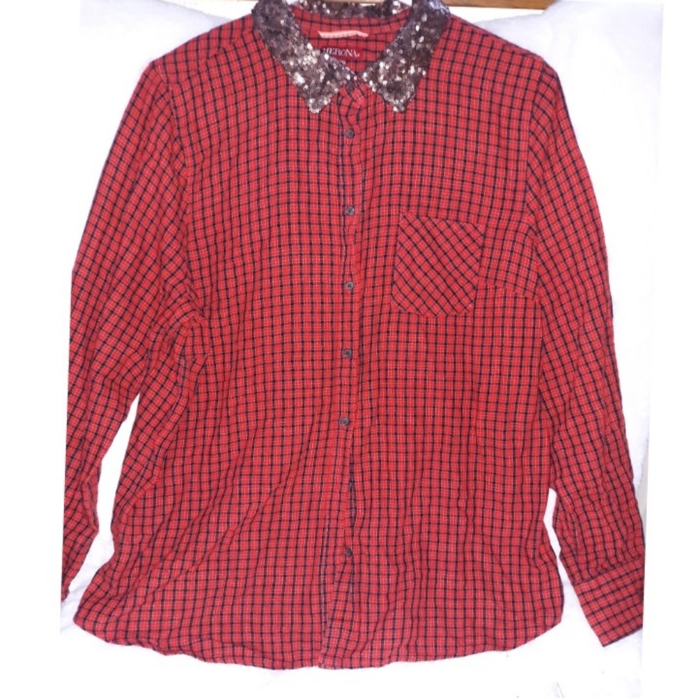 plaid and sequin button up